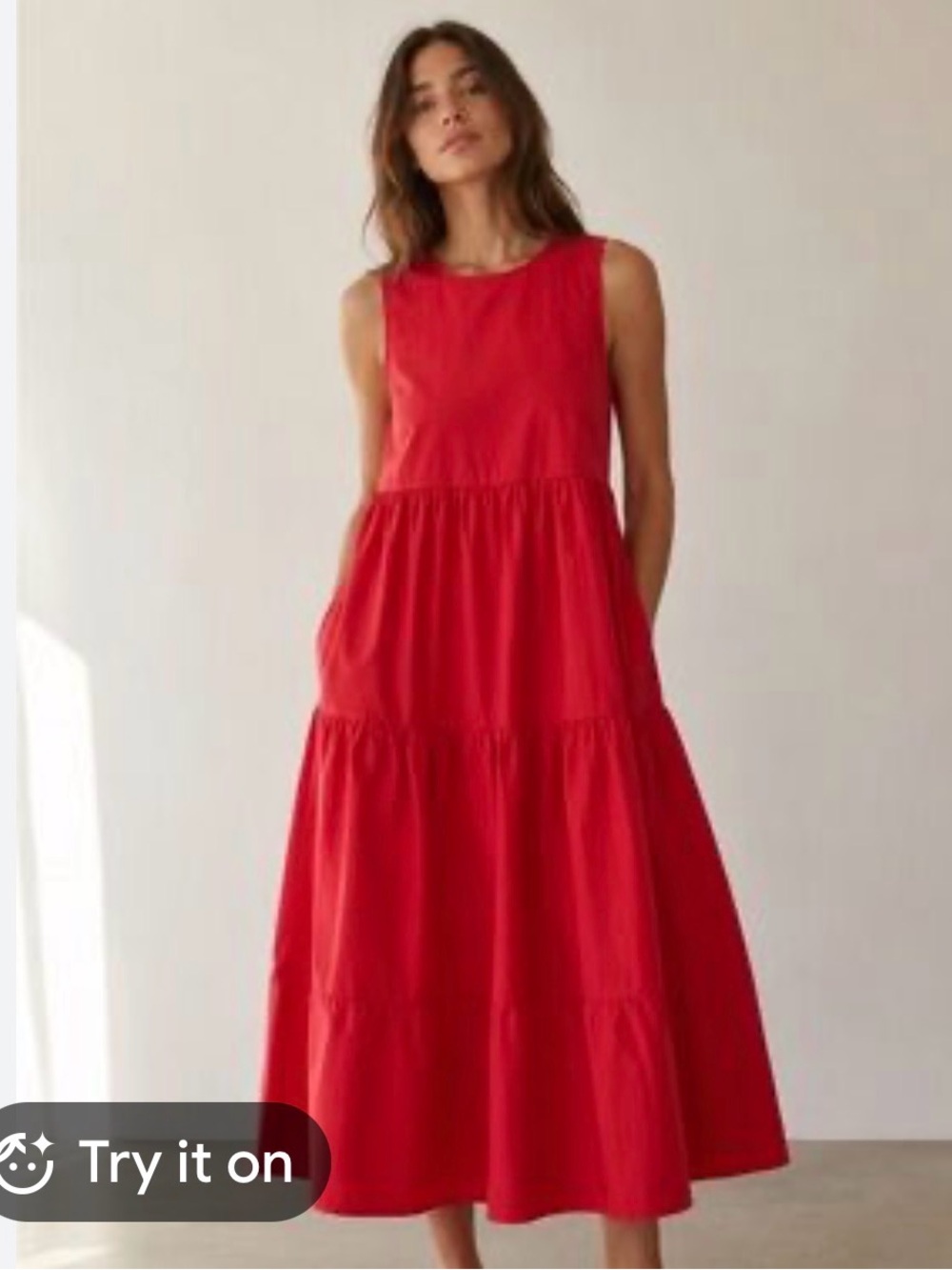 Madewell Sleeveless Red Tiered Midi Dress with Pockets